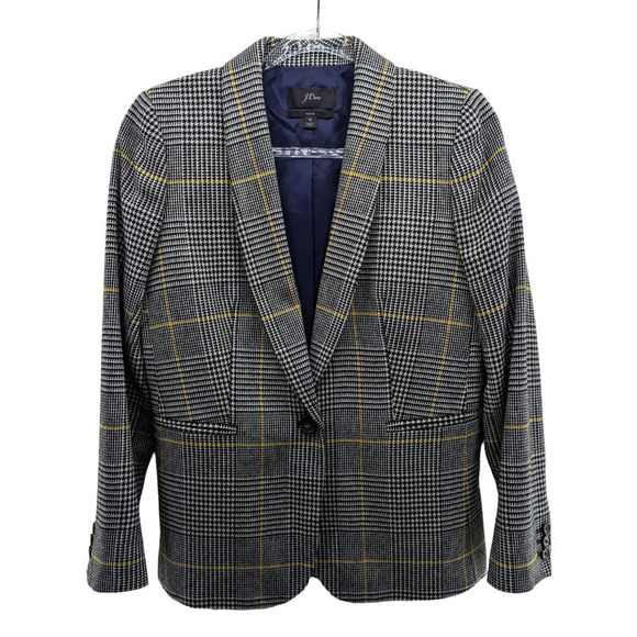 J Crew 6 Parke Blazer Black Yellow White Plaid Jacket Womens One Button - Picture 1 of 8